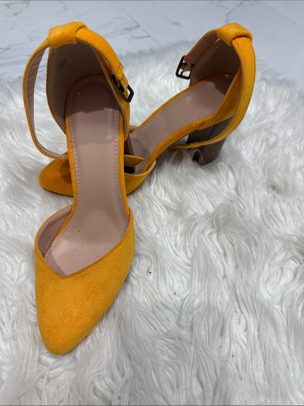 Yellow Suede Ankle-Strap Block Heel Pumps